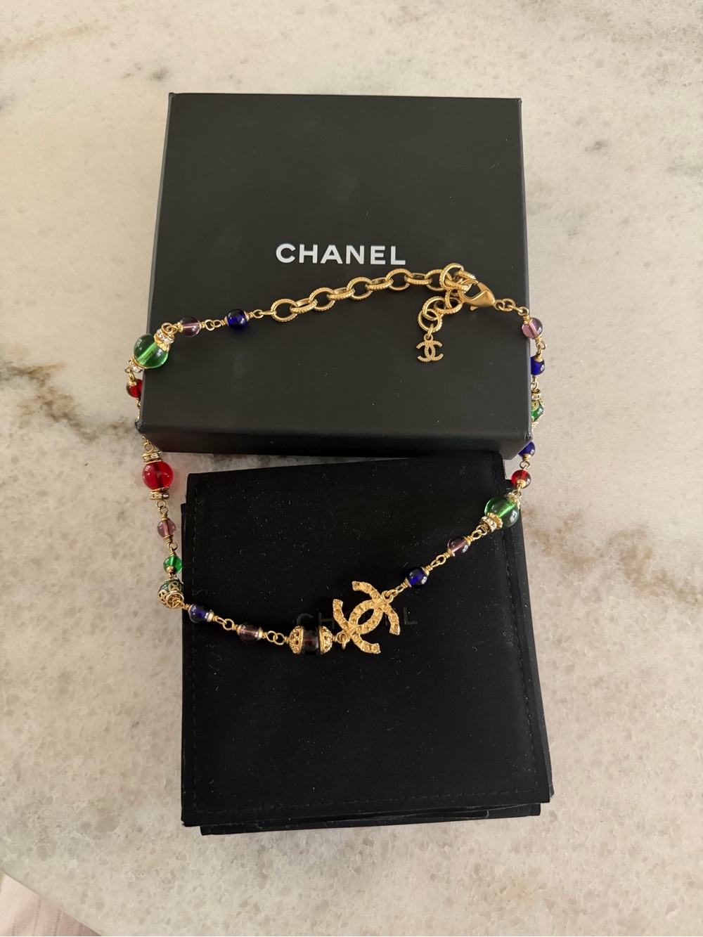 CHANEL Gold-Tone Multicolor Beaded Necklace with Interlocking CC Charm - Picture 11 of 11